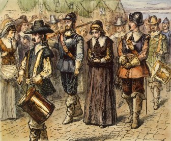 Mary Dyer led to execution on Boston Common, 1 June 1660. Color engraving. Copyprint Nineteenth Century. Library of Congress. Courtesy of The Granger Collection, New York 